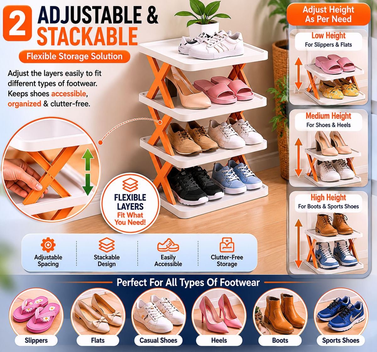 2. Adjustable & Stackable Storage Solution